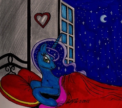 Size: 1098x970 | Tagged: safe, artist:newyorkx3, princess luna, g4, bed, bedroom, bedroom eyes, female, solo, traditional art