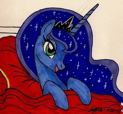 Size: 882x819 | Tagged: safe, artist:newyorkx3, princess luna, g4, bed, bedroom eyes, female, solo, traditional art