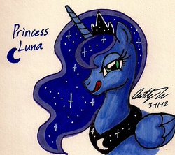 Size: 670x595 | Tagged: safe, artist:newyorkx3, princess luna, g4, bedroom eyes, female, licking lips, simple background, solo, tongue out, traditional art
