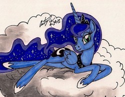 Size: 1144x886 | Tagged: safe, artist:newyorkx3, princess luna, g4, cloud, female, simple background, solo, traditional art