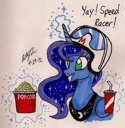 Size: 857x874 | Tagged: safe, artist:newyorkx3, princess luna, alicorn, pony, g4, female, helmet, popcorn, simple background, solo, speed racer, traditional art