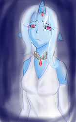 Size: 500x800 | Tagged: safe, artist:sakura-wind, trixie, anthro, g4, alicorn amulet, crying, dark magic, female, glowing eyes, human facial structure, magic, necklace, sad, solo