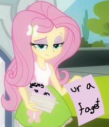 Size: 914x1062 | Tagged: safe, edit, fluttershy, equestria girls, g4, eyeshadow, female, frown, raised eyebrow, solo, unamused, ur a faget