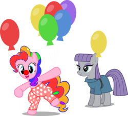 Size: 5751x5228 | Tagged: safe, artist:zacatron94, maud pie, pinkie pie, earth pony, pony, g4, absurd resolution, balancing, balloon, bipedal, clothes, clown, clown nose, cute, diapinkes, female, hoof hold, lidded eyes, mare, open mouth, overalls, pants, rainbow hair, raised leg, red nose, simple background, smiling, standing, transparent background, vector, when she smiles