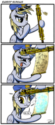 Size: 2000x4515 | Tagged: safe, artist:gray--day, derpy hooves, pegasus, pony, g4, comic, crossover, elder scroll, female, mare, scroll, scrunchy face, simple background, solo, the elder scrolls