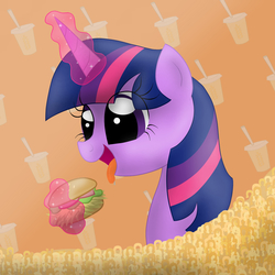 Size: 2048x2048 | Tagged: safe, artist:bratzoid, twilight sparkle, g4, female, hay burger, high res, magic, open mouth, portrait, solo, that pony sure does love burgers, tongue out, twilight burgkle