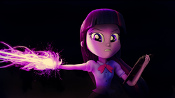 Size: 3000x1687 | Tagged: safe, artist:flare-chaser, twilight sparkle, equestria girls, g4, 3d, angry, book, elements of harmony, magic, neon, power, source filmmaker