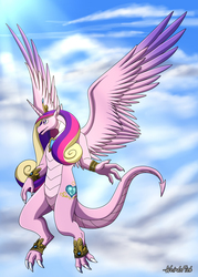 Size: 918x1285 | Tagged: safe, artist:weirdofish, princess cadance, alicorn, dragon, pony, g4, cloud, cloudy, crown, dragondance, dragonified, female, flying, horn, jewelry, large wings, open mouth, purple eyes, regalia, scales, signature, sky, solo, species swap, sunlight, tail, wings