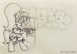 Size: 936x659 | Tagged: safe, artist:the sexy assistant, oc, oc only, oc:backy, pony, bipedal, clothes, graffiti, gun, monochrome, mp5, police, riot gear, riot police, riot shield, shield, solo, submachinegun, swat, tail wrap, traditional art, weapon