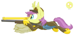 Size: 3000x1487 | Tagged: safe, artist:equestria-prevails, oc, oc only, oc:sun sun, bat pony, pony, aiming, armor, bodysuit, gun, ponies with guns, prone, rifle, sandbags, simple background, sniper, solo, transparent background, vector, weapon
