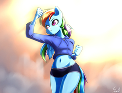 Size: 3400x2600 | Tagged: safe, artist:skecchiart, rainbow dash, pegasus, anthro, g4, belly button, clothes, compression shorts, exercise, female, high res, hoodie, midriff, sexy, solo