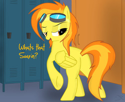 Size: 1680x1362 | Tagged: safe, artist:spitshy, spitfire, pegasus, pony, g4, bedroom eyes, butt, female, folded wings, goggles, goggles on head, implied shipping, implied soarin', implied soarinfire, implied straight, locker room, looking back, mare, missing cutie mark, plot, solo, stupid sexy spitfire, wings