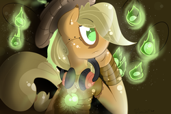 Size: 5000x3344 | Tagged: safe, artist:llamaswithkatanas, applejack, earth pony, pony, g4, clothes, female, fire, glowing, headphones, solo