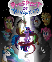 Size: 1000x1200 | Tagged: safe, artist:leffenkitty, applejack, discord, fluttershy, pinkie pie, princess celestia, rainbow dash, rarity, twilight sparkle, oc, oc:kismet, pony, comic:prospect of tranquility, g4, alternate universe, comic, female, male, mane six, ship:discolight, shipping, straight