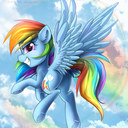 Size: 2000x2000 | Tagged: safe, artist:meotashie, rainbow dash, pegasus, pony, g4, cloud, cloudy, female, flying, grin, high res, mare, rainbow, sky, smiling, solo, spread wings, underhoof, wings