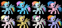 Size: 2197x1000 | Tagged: safe, artist:pika-robo, blossomforth, daring do, firefly, holly dash, rainbow blaze, rainbow dash, rainbow dash (g3), g1, g3, g4, 3d, alternate clothes, g1 to g4, g3 to g4, generation leap, source filmmaker