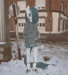 Size: 500x554 | Tagged: safe, artist:lonelycross, marble pie, earth pony, anthro, g4, animated, bipedal, choker, city, clothes, female, hair over one eye, hoodie, irl, lonely inky, photo, ponies in real life, shoes, skirt, socks, solo