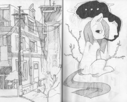 Size: 1280x1027 | Tagged: safe, artist:lonelycross, marble pie, g4, female, monochrome, sketch, solo, traditional art