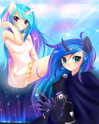 Size: 4000x5000 | Tagged: dead source, safe, artist:magnaluna, princess celestia, princess luna, human, abstract background, absurd resolution, clothes, day and night, dress, eared humanization, ethereal mane, female, gloves, horned humanization, humanized, starry mane