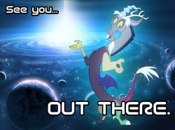 Size: 1024x759 | Tagged: safe, artist:antifan-real, edit, discord, draconequus, g4, all good things, disqord, finale, male, photoshop, planet, q, quote, solo, star trek, universe, voice actor joke