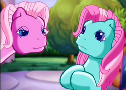 Size: 628x452 | Tagged: safe, screencap, minty, pinkie pie (g3), g3, the runaway rainbow, bedroom eyes, out of context