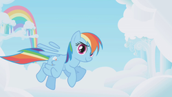 Size: 1280x720 | Tagged: safe, screencap, rainbow dash, pegasus, pony, g4, cloud, cloudsdale, cloudy, female, flying, great moments in animation, intro, looking at you, mare, opening, opening theme, rainbow, raised eyebrow, sky, smear frame, smiling, smirk, solo, spread wings, wat, wings