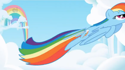 Size: 837x468 | Tagged: safe, screencap, rainbow dash, g4, cloud, cloudy, female, flying, great moments in animation, intro, opening, ponies are stretchy, smear frame, solo, theme song, wat