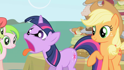 Size: 1280x720 | Tagged: safe, screencap, applejack, twilight sparkle, earth pony, pony, unicorn, friendship is magic, g4, animation error, disgusted, female, mare, tongue out, unicorn twilight