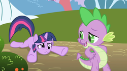 Size: 1280x720 | Tagged: safe, screencap, spike, twilight sparkle, unicorn, friendship is magic, g4, animation error, blank flank, missing cutie mark, unicorn twilight