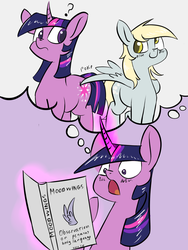 Size: 768x1024 | Tagged: safe, artist:underpable, derpy hooves, twilight sparkle, pegasus, pony, unicorn, derpin daily, g4, blushing, book, butt boop, butt poking, butt touch, embarrassed, fanfic, feathermarking, female, frown, gasp, lesbian, lewd, magic, mare, molestation, mood wings, open mouth, poking, question mark, reading, realization, ship:twerpy, shipping, smiling, spread wings, telekinesis, thought bubble, twibutt, unicorn twilight, wide eyes