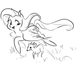 Size: 780x658 | Tagged: safe, artist:glacierclear, fluttershy, deer, pegasus, pony, g4, female, flying, monochrome, solo, windswept mane