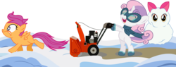 Size: 2048x781 | Tagged: safe, artist:seahawk270, apple bloom, scootaloo, sweetie belle, earth pony, pegasus, pony, unicorn, g4, winter wrap up, belly, bipedal, boots, cutie mark crusaders, eyes closed, goggles, running, simple background, snow, snowblower, snowpony, this will end in tears, this will end in tears and/or death and/or covered in tree sap, transparent background, vector