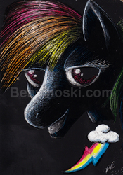 Size: 433x619 | Tagged: safe, artist:benwhoski, rainbow dash, g4, bedroom eyes, female, grin, hoers, looking at you, portrait, smirk, solo, traditional art, watermark