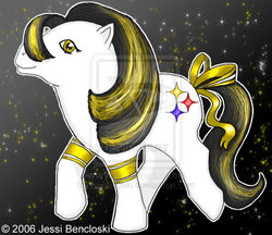 Size: 650x561 | Tagged: safe, artist:benwhoski, g1, american football, nfl, pittsburgh steelers, ponified, rule 85, tail bow