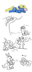 Size: 723x1598 | Tagged: safe, artist:jargon scott, applejack, fluttershy, princess celestia, oc, oc:bedtime, alicorn, earth pony, kangaroo, pony, unicorn, g4, bed, onomatopoeia, pillow, sleeping, sound effects, tree, zzz