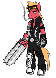Size: 1280x1754 | Tagged: safe, artist:magello, big macintosh, pony, g4, anarchy reigns, bipedal, chainsaw, cigarette, colored, crossover, jack cayman, madworld, male, smoking, solo