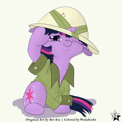 Size: 4000x4000 | Tagged: safe, artist:bri-sta, artist:wodahseht, twilight sparkle, pony, g4, :t, absurd resolution, chest fluff, clothes, costume, cute, female, filly, filly twilight sparkle, floppy ears, fluffy, hat, looking at you, oversized clothes, pith helmet, sitting, smiling, solo, twiabetes, twily, wink, younger