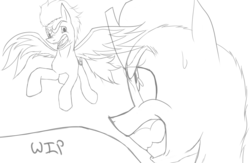 Size: 1920x1253 | Tagged: safe, artist:thethunderpony, soarin', thunderlane, pegasus, pony, g4, angry, duo, flying, male, monochrome, stallion, sweatdrop, teeth, wip, yelling