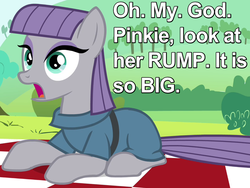 Size: 800x600 | Tagged: safe, edit, edited screencap, screencap, maud pie, earth pony, pony, g4, maud pie (episode), baby got back, caption, clothes, dress, female, image macro, mare, open mouth, picnic blanket, sir mix-a-lot, solo, song reference