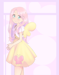 Size: 1500x1900 | Tagged: safe, artist:terrterr, fluttershy, human, g4, blushing, clothes, cute, dress, female, hair accessory, humanized, shyabetes, solo, winged humanization