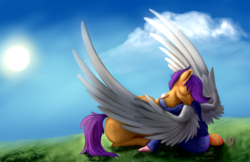 Size: 1111x719 | Tagged: safe, artist:xormak, scootaloo, oc, oc:mason, human, g4, clothes, eyes closed, happy face, hug, human in equestria, shipping, sitting, smiling, sun, winged human