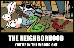 Size: 690x450 | Tagged: safe, edit, idw, official comic, bird, rabbit, raccoon, snake, friendship is magic #28, g4, my little pony: friendship is magic (idw), spoiler:comic, caption, text, wrong neighborhood