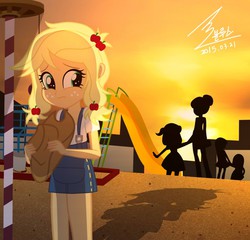 Size: 1000x959 | Tagged: safe, artist:bluse, applejack, equestria girls, g4, cute, feels, female, jackabetes, my parents are dead, show accurate, silhouette, younger