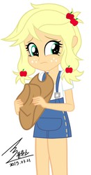 Size: 900x1724 | Tagged: safe, artist:bluse, applejack, equestria girls, g4, background removed, clothes, cute, dress, female, freckles, hat, jackabetes, overalls, show accurate, simple background, solo, white background, younger