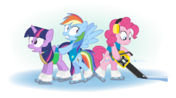 Size: 945x525 | Tagged: safe, artist:dm29, pinkie pie, rainbow dash, twilight sparkle, alicorn, earth pony, pegasus, pony, g4, winter wrap up, chainsaw, clothes, earmuffs, female, ice, ice skates, ice skating, mare, simple background, this will end in tears, transparent background, trio, twilight sparkle (alicorn), vest, weather team, winter wrap up vest
