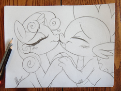 Size: 1152x864 | Tagged: safe, artist:prettypinkpony, spike, sweetie belle, pony, unicorn, g4, duo, female, grayscale, long eyelashes, male, monochrome, ship:spikebelle, shipping, straight, traditional art