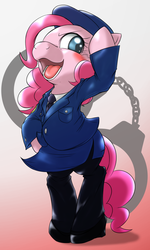 Size: 600x1000 | Tagged: dead source, safe, artist:ushiro no kukan, pinkie pie, earth pony, pony, g4, bipedal, cuffs, female, police, police officer, police pony, solo