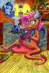 Size: 1024x1525 | Tagged: safe, artist:invalid-david, mane-iac, mina, princess luna, dragon, g4, comic book, dragoness, female, pillow, reading