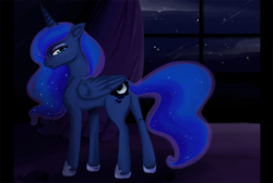 Size: 760x512 | Tagged: safe, artist:taskuli, princess luna, g4, bedroom eyes, butt, female, looking at you, looking back, night, night sky, plot, sky, solo, stars, window