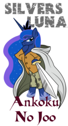 Size: 896x1649 | Tagged: safe, artist:killkatt, princess luna, pony, g4, bipedal, clothes, crossover, female, one piece, parody, silvers rayleigh, simple background, solo, sword, text, transparent background, weapon